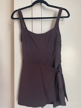 Ellen Tracy Dark Brown Ribbed One-Piece Swim Dress with Side Tie